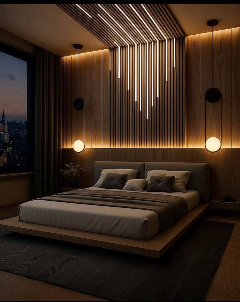 Modern luxury bedroom with wooden accent wall, linear LED lighting, floating platform bed, and city skyline view through window