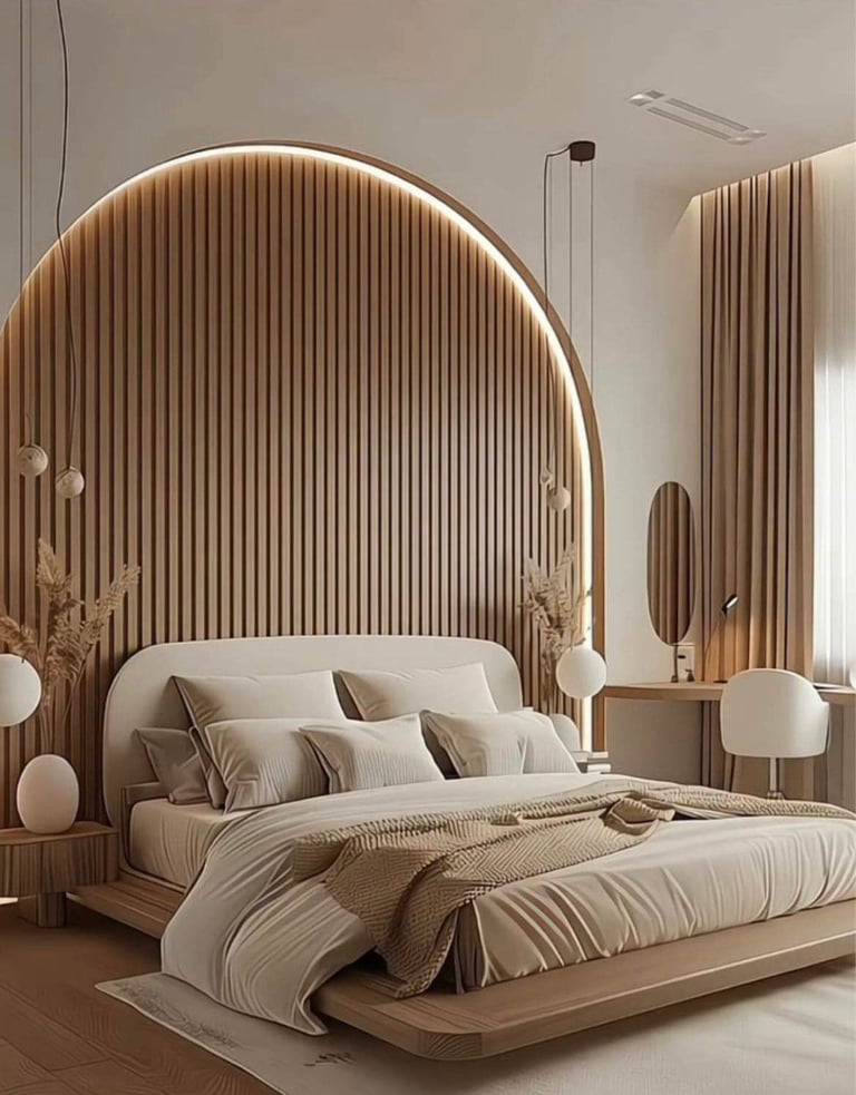Modern bedroom with arched wooden headboard, beige bedding, vertical wood paneling, and minimalist decor in neutral tones