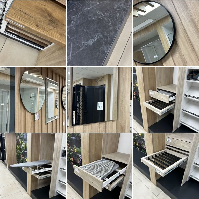 Grid of 9 photos showing modern bathroom vanity and cabinet features including wood grain finishes, round mirrors, black countertops, and multiple storage drawers