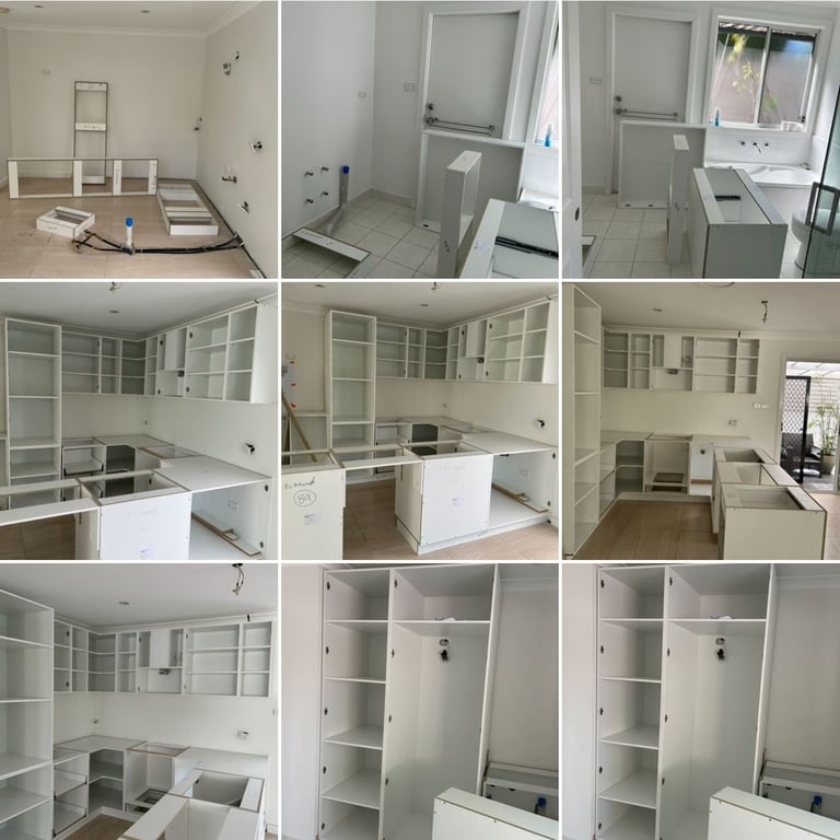 Construction progress grid showing nine stages of a bathroom and closet renovation with white cabinetry and shelving installation