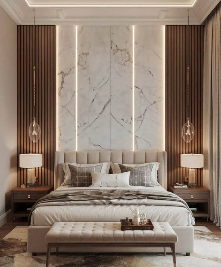 Modern luxury bedroom with marble accent wall, neutral tones, pendant lights, dark wood paneling, and upholstered headboard