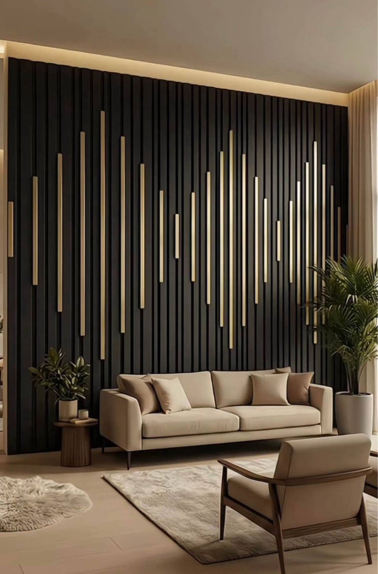 Modern living room with beige sofa, accent chair, and geometric black wall with illuminated vertical panels
