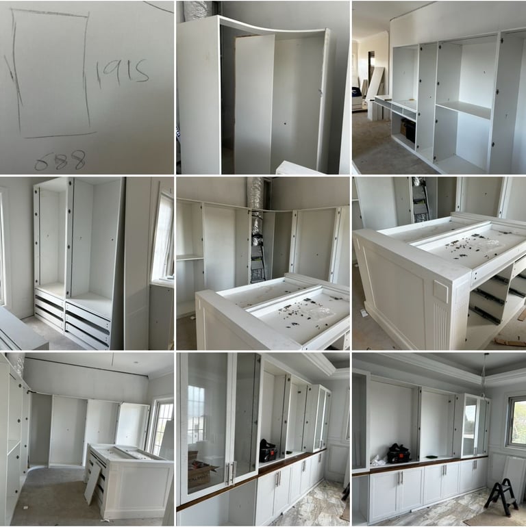 Collage of nine photos showing interior construction stages of white-framed glass partition walls and doors in an empty room