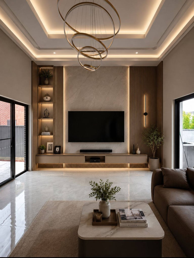 Modern living room with large flat-screen TV on marble accent wall, floating shelves, circular chandelier, and contemporary furnishings