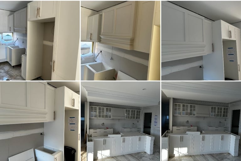 Multiple views of a kitchen renovation showing custom white cabinetry, open shelving, and workflow during different stages of installation and completion