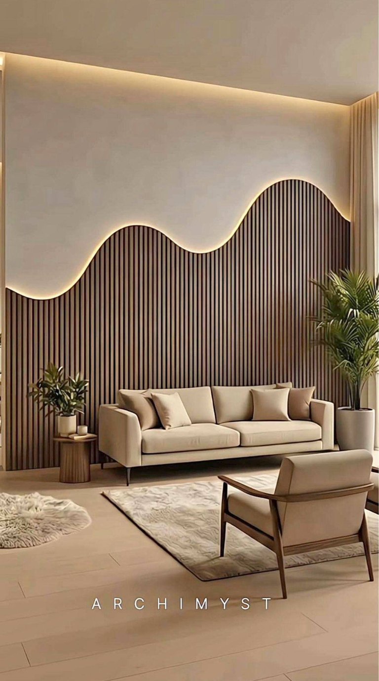 Modern living room with beige sofa, armchair, and wavy wooden accent wall with ambient lighting