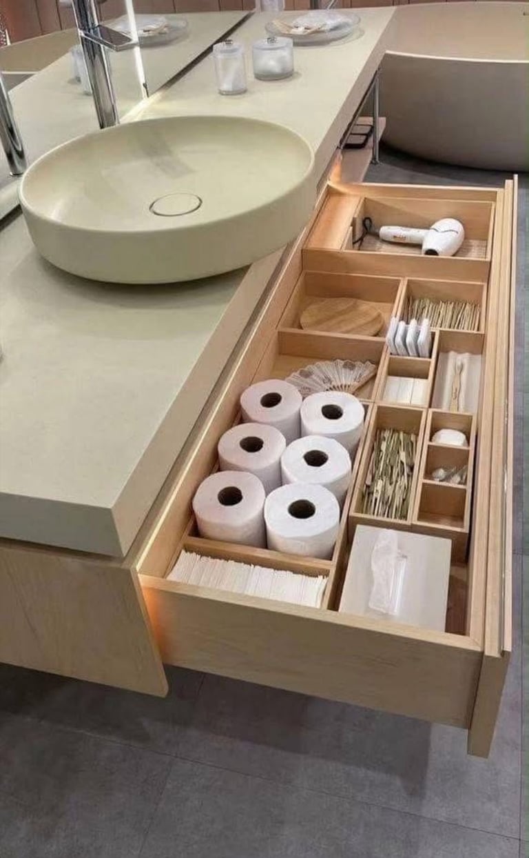 Organized bathroom drawer with compartments containing toilet paper rolls, tissues, and toiletries next to a round white sink