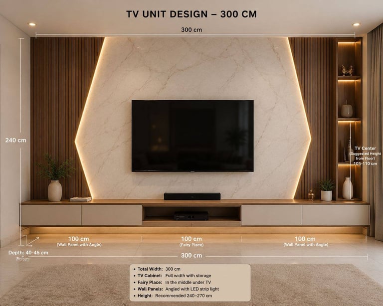 Modern TV unit design with 300cm width, featuring cream marble background, dark TV frame, wooden storage shelves, and accent lighting on sides