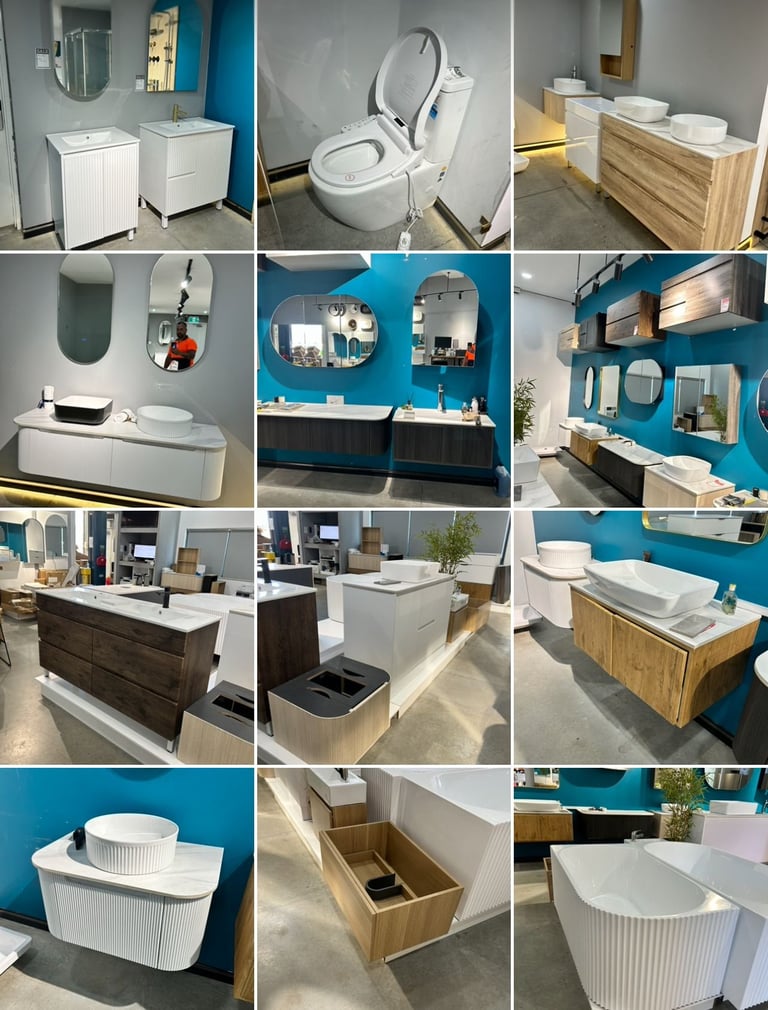 Grid of 12 bathroom showroom displays featuring white toilets, sinks, and vanities with blue wall accents and wood finishes